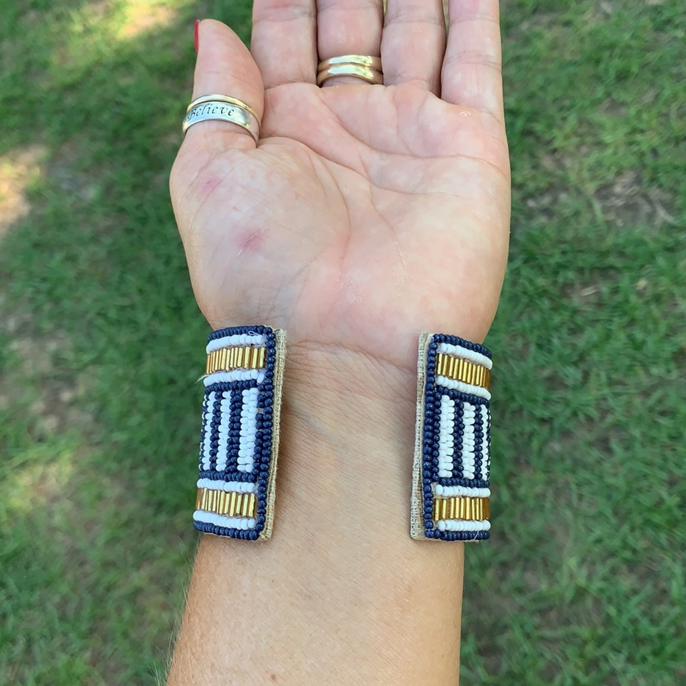 Blue & Gold Beaded Cloth & Metal Cuff Bracelet - Picture 4 of 17